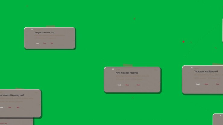 Alerts appearing, cards floating on guides, fading with red markers on transparent bg showing flow