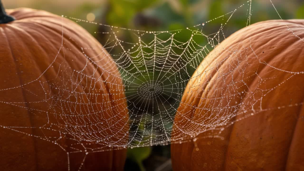 A Close-Up View of Dew-Covered Spider Web Residing Between Two Vibrant Orange Pumpkins, Capturing the Essence of a Fall Harvest Scene