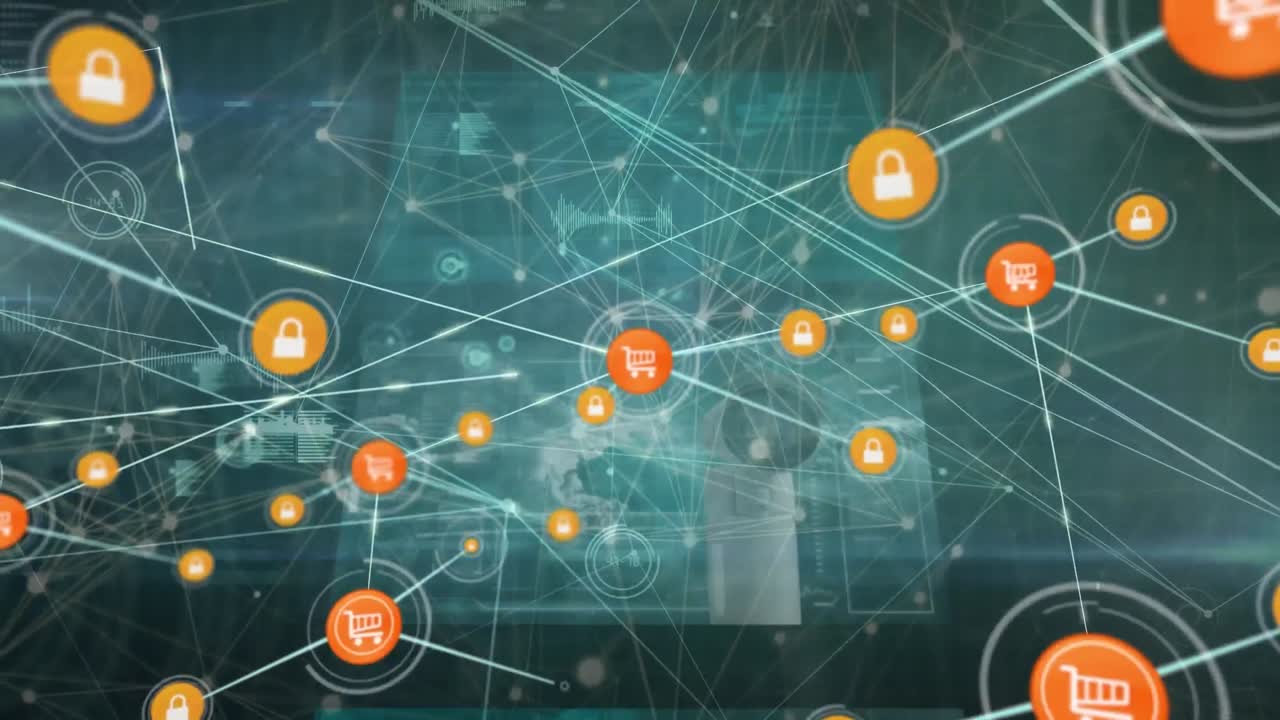 animación de la red de conexiones con iconos con procesamiento de datos