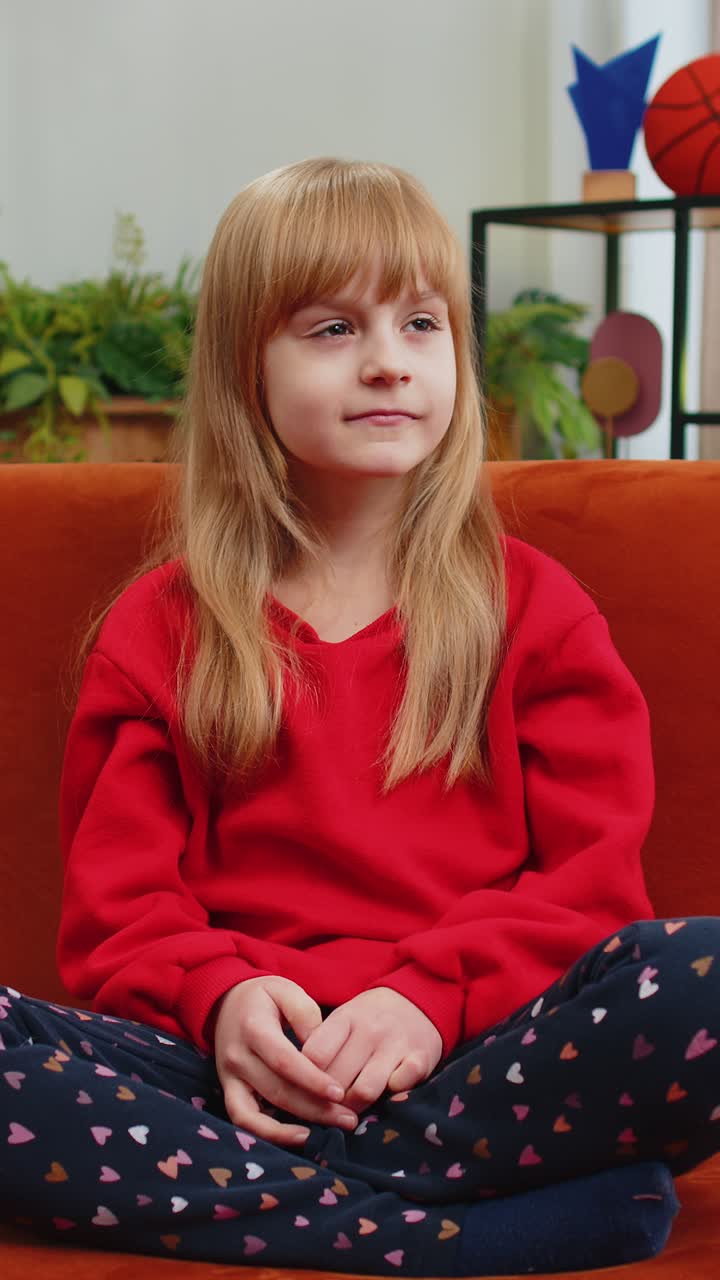 Thoughtful inspired child girl kid make eureka gesture raises finger came up with creative plan