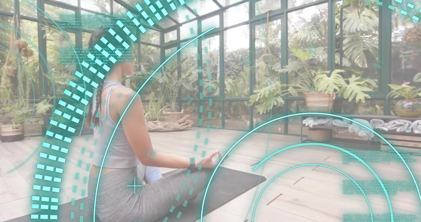 woman taking breath in greenhouse activating HUD with grids scanning body for health data