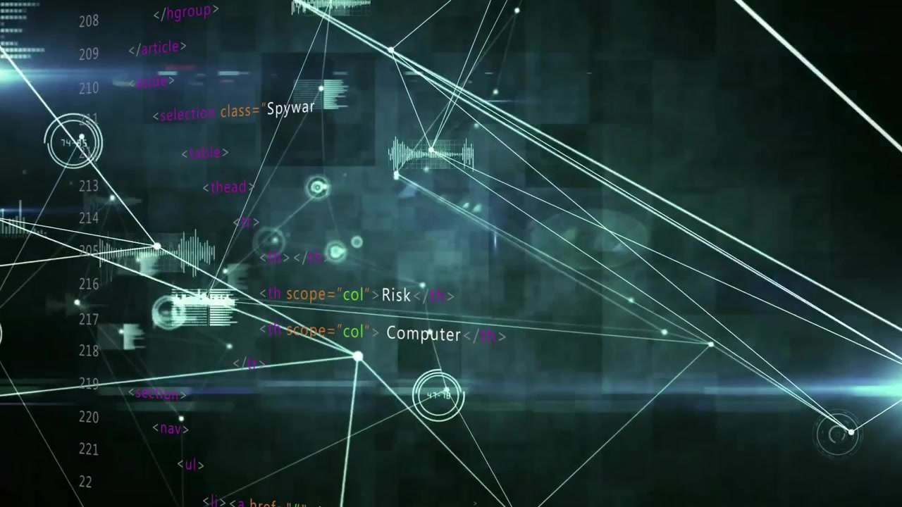 Network graph animating with wireframes shifting, nodes dropping, waveforms sliding, code updating