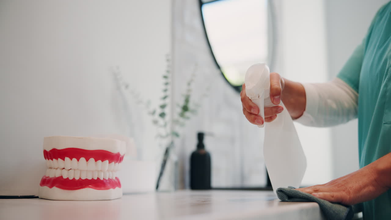 A dental assistant cleaning and disinfecting a dental office countertop