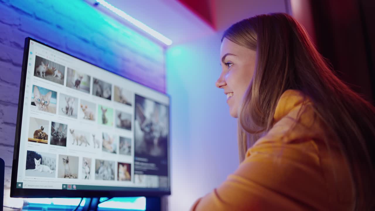 Girl using computer in house. Young girl using computer at home