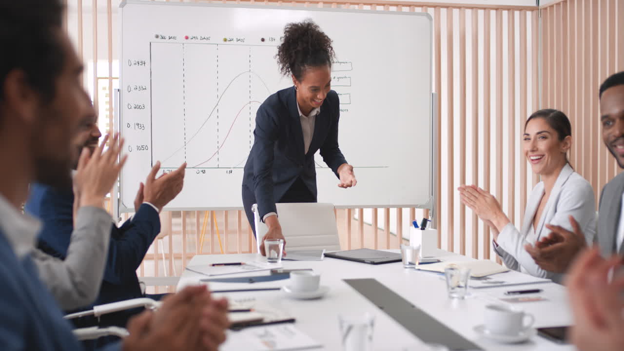 Presentation, applause and business people