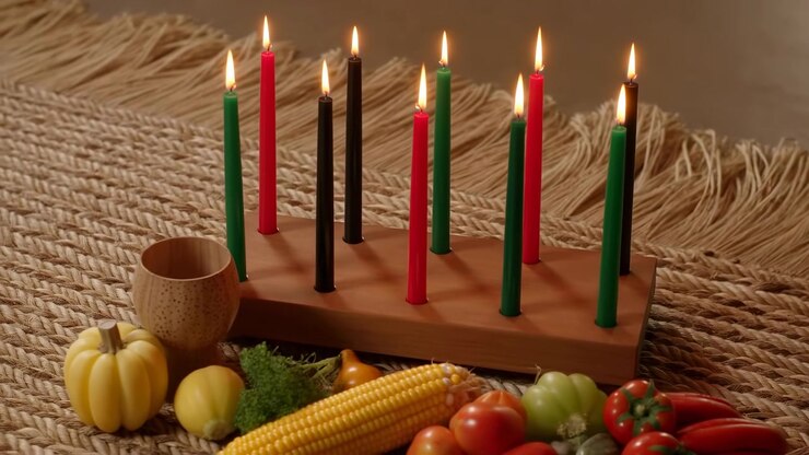 Candle flames flicker above slender colored tapers as viewpoint shifts gently over wooden holder, textured cup and vegetables arranged on coarse woven fabric with long beige fringe.