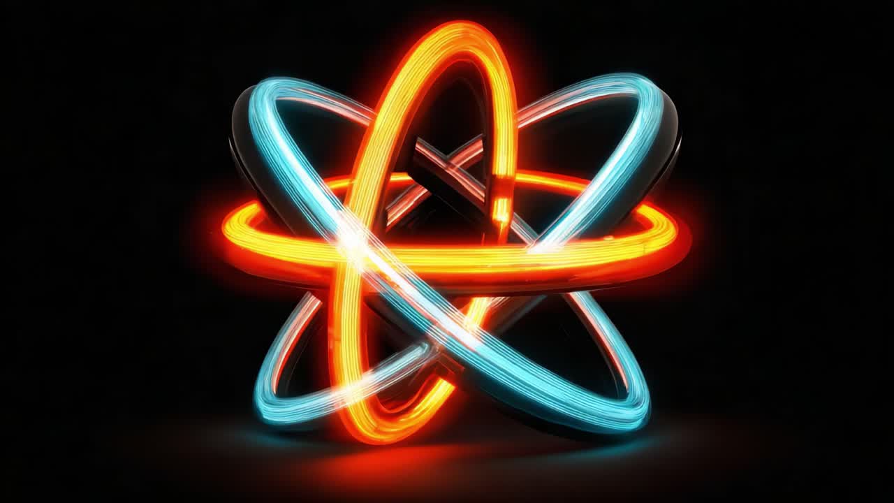 A Stunning Visualization of an Atomic Structure with Glowing Rings in Bright Red and Blue, Representing Energy Flow and Quantum Dynamics Against a Dark Background