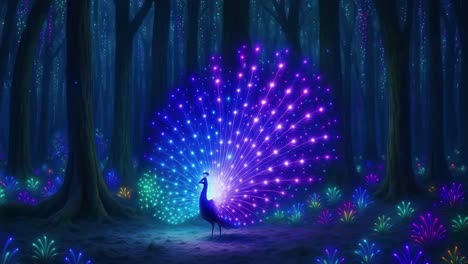 a vibrant, glowing peacock in a mystical forest, captured from a low-angle