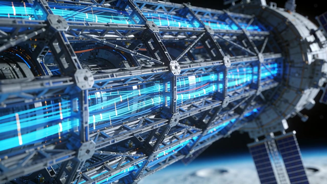 Rotating camera revealing cylindrical truss module in low orbit, showing glowing blue conduits