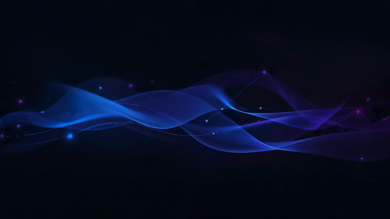 Shifting blue-purple ribbons emerging from sides on black screen forming color, dots drifting above