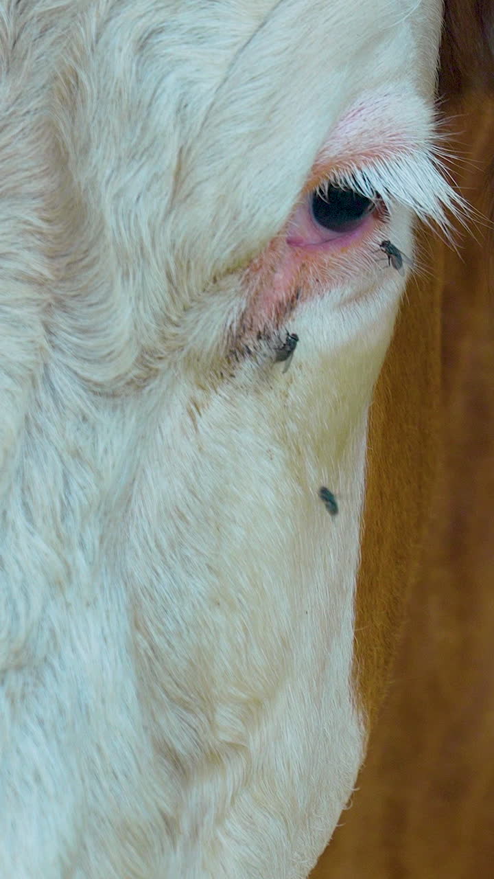 Scatto macro dell'occhio e del muso di una mucca con mosche che strisciano sulla pelle, ideale per documentari veterinari o agricoli.