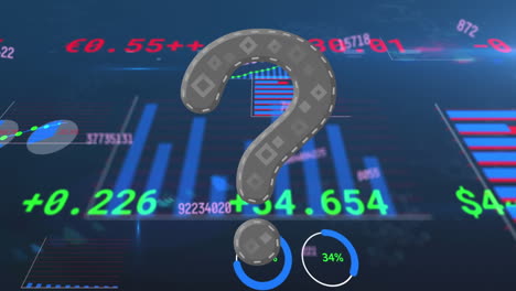 animación digital del símbolo del signo de interrogación sobre el procesamiento de datos estadísticos contra un fondo azul