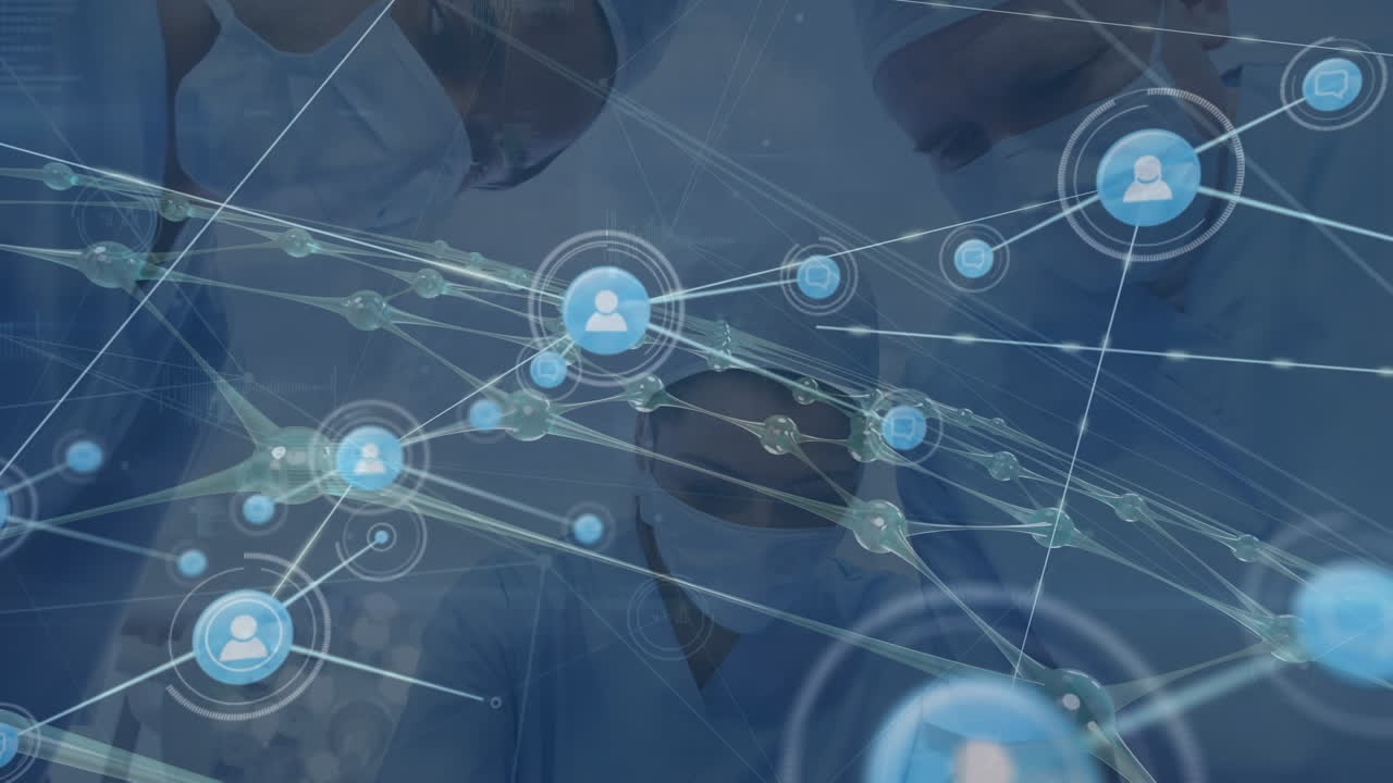 다양한 의사들에 대한 아이콘과의 연결 네트워크의 애니메이션