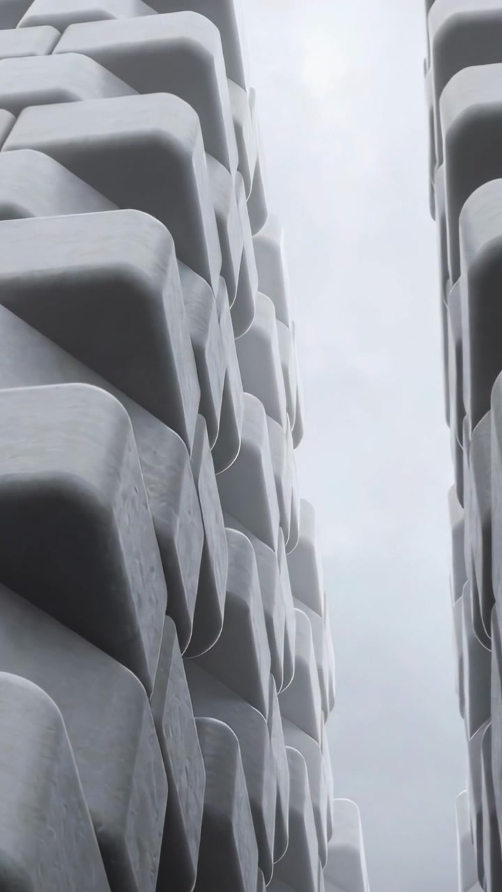 Vertical video: Tilting camera up showing narrow sky gap between two panel facades, showing scale