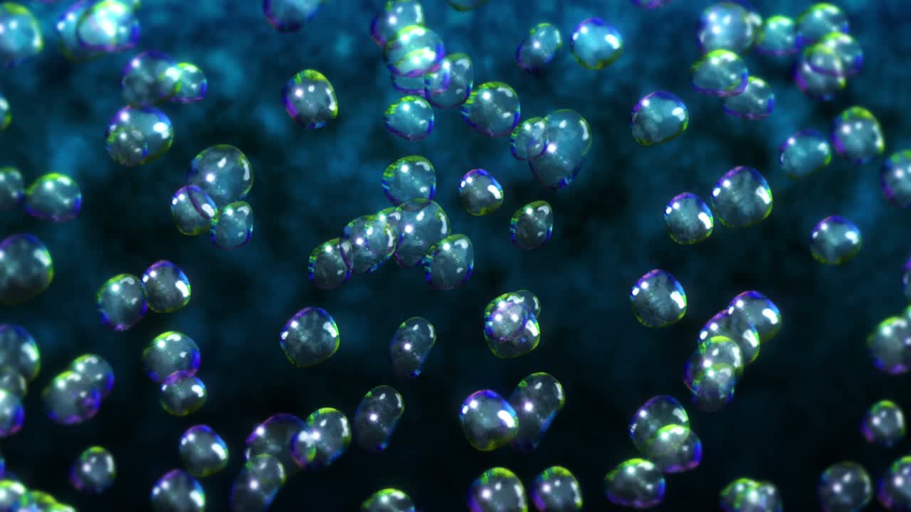 volando muchas gotas de agua en fondo negro. gotas puras. superficie transparente. animación 3d de burbujas de aire girando. animación de bucle.