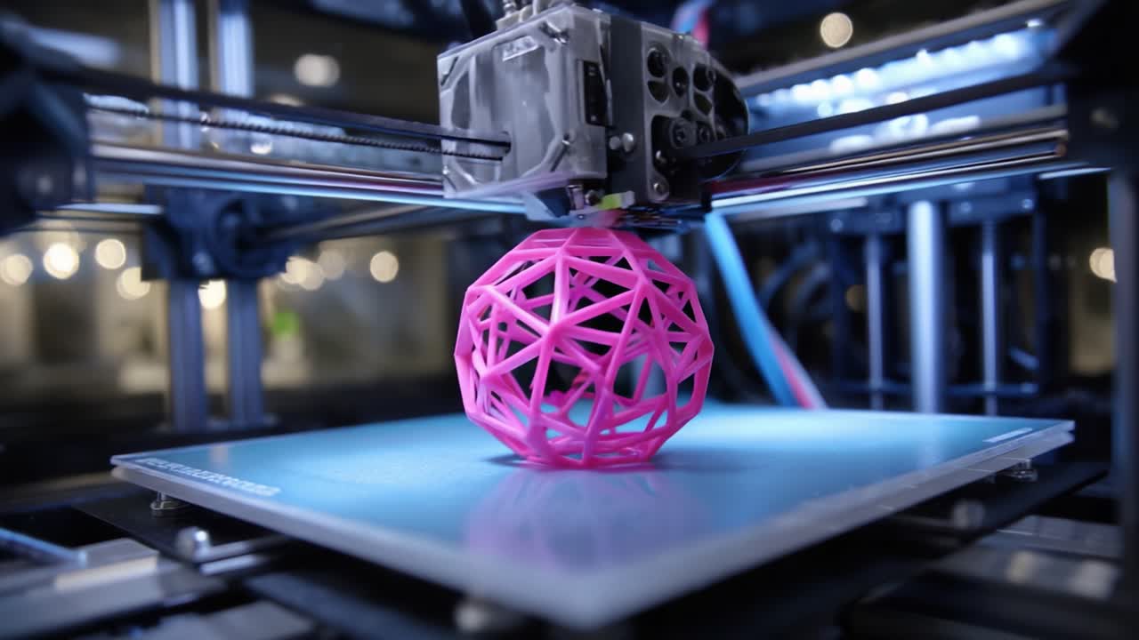 The Intricate Process of 3D Printing: A Close-Up View of a Vibrant Pink Geometric Structure Being Fabricated Layer by Layer