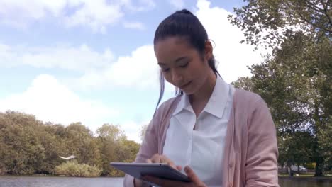 Mujer-De-Negocios-Usando-Tableta-En-El-Parque