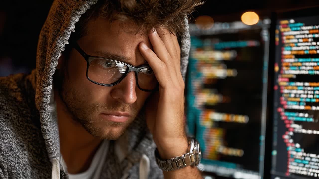 A Frustrated Programmer Struggles with Code Debugging Late at Night, Capturing the Intense Emotion of Tech Challenges and the Weight of Software Development Pressure