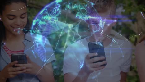 Animation-of-network-of-connections-and-globe-over-children-using-smartphone