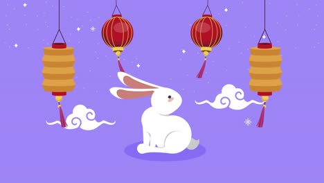 animación del festival de mediados de otoño con conejos y linternas colgando
