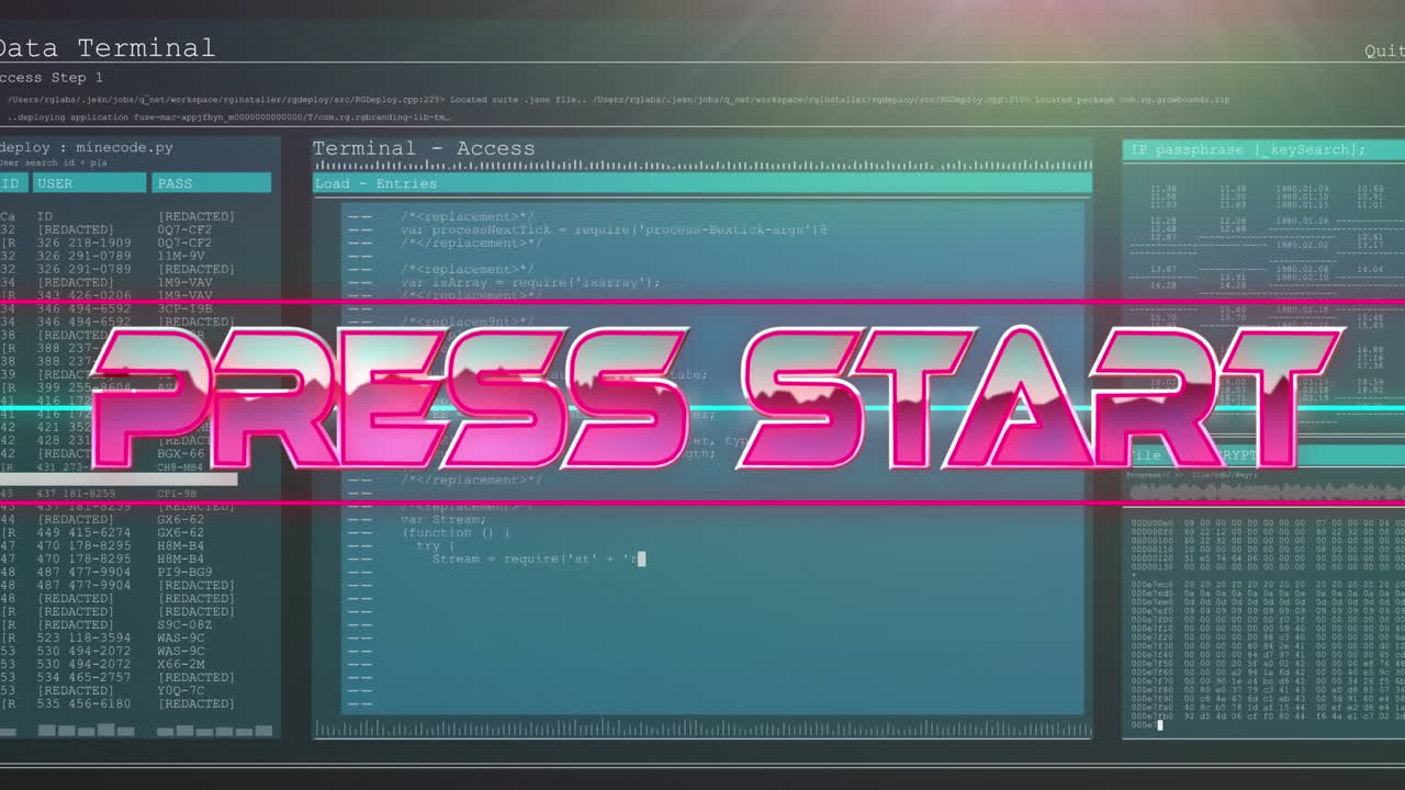 Animation of press start text over neon lines and screens with data