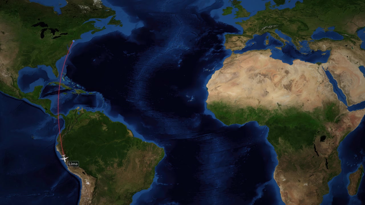 Animazione di una mappa satellitare mondiale che traccia un aereo in volo da New York City a Lima, Perù