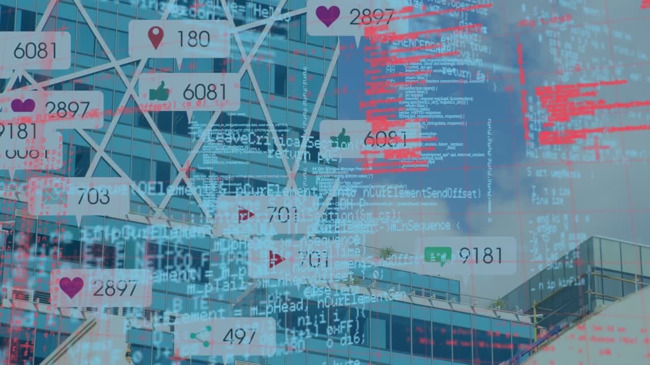 도시 풍경 위의 데이터 처리 및 미디어 아이콘의 애니메이션