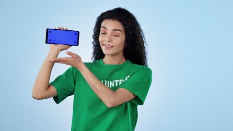 Woman,-volunteer-and-phone-green-screen