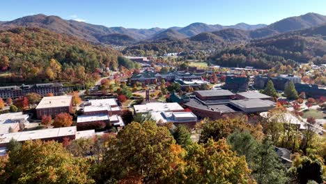 slow aerial push over treetops in fall to western carolina university