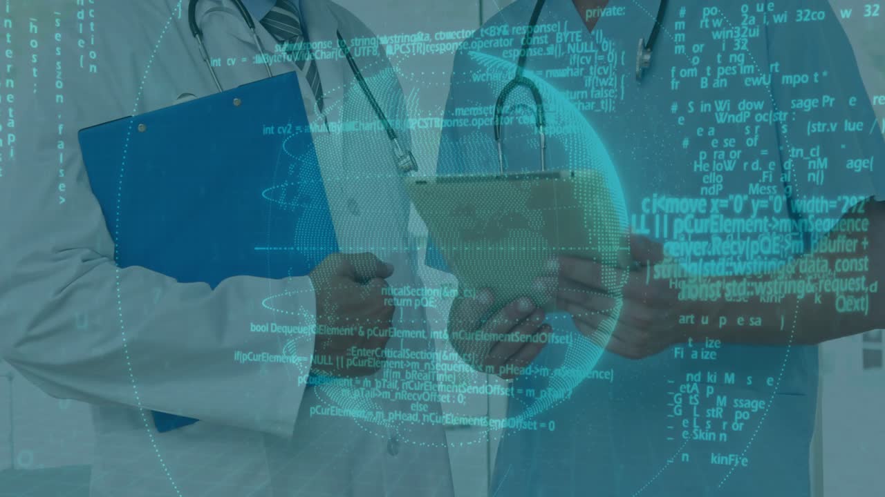 Doctors tapping tablet in hospital corridor activating hologram globe code overlay for data review