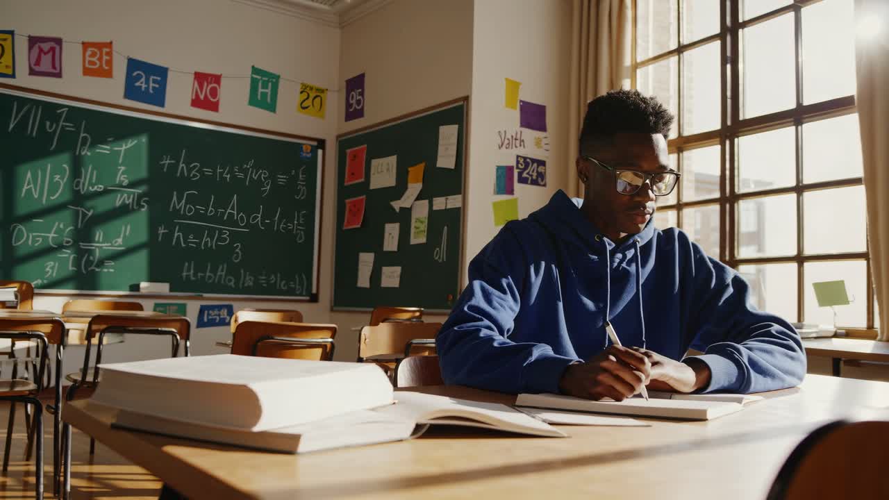 A student studies in a sunlit classroom, surrounded by books and equations