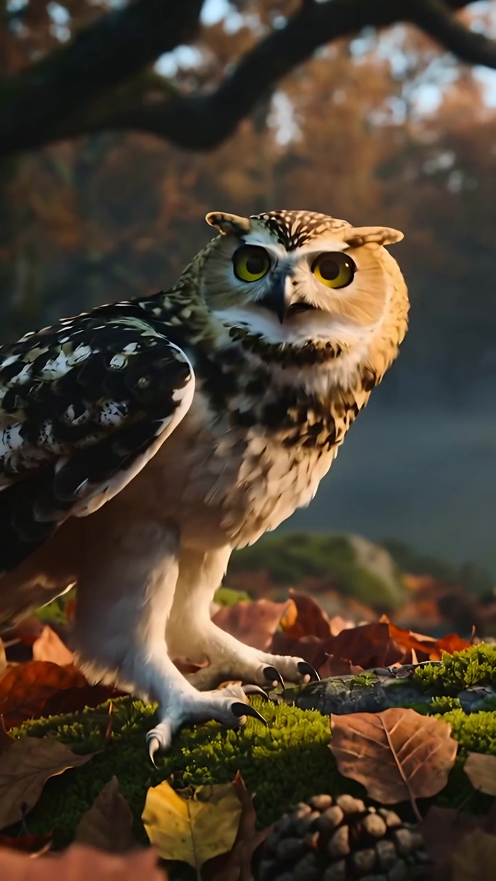 Verticale video: Inzoomend op kleine uil die kop draait op bemoste boomstam in bos, vleugels klapperend richting bomen