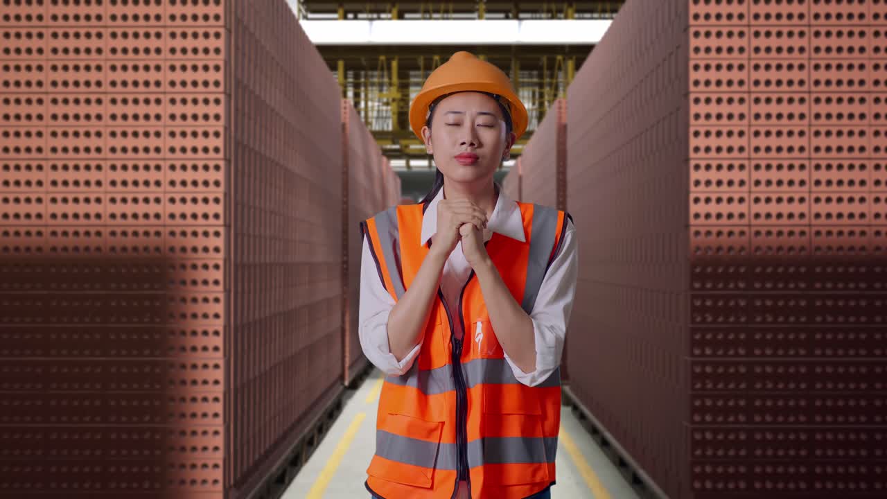 Asian Female Engineer With Safety Helmet Pray For Something While Standing With Red Brick Packed in Stacks Are Stored