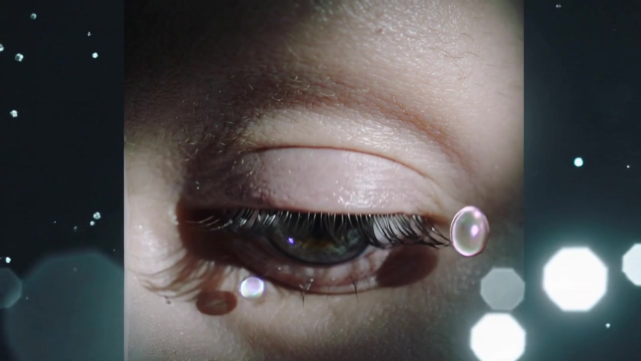 Reacting human eye closing in narrow panel after light orb passes, shifting into 3D cuboid droplet