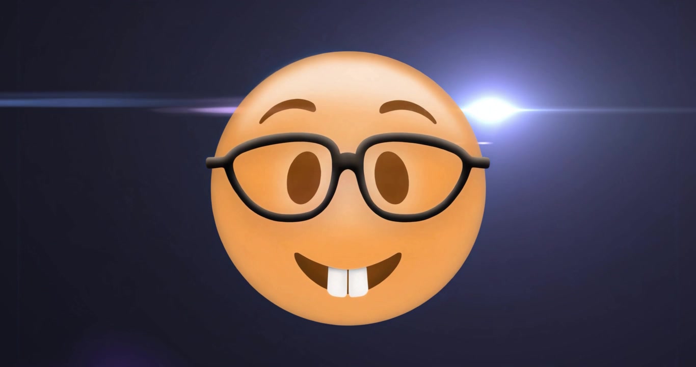 Blink initiating when emoji opening eyes emitting grin while lens flares shifting behind for depth
