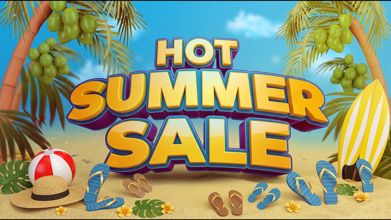 Hede sommersalg kampagnebanneranimation med lilla og gul typografi på tropisk strandbaggrund