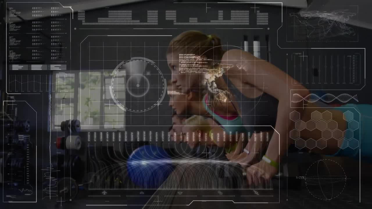 animación de escaneo de alcance y procesamiento de datos sobre mujeres que hacen ejercicio en el gimnasio