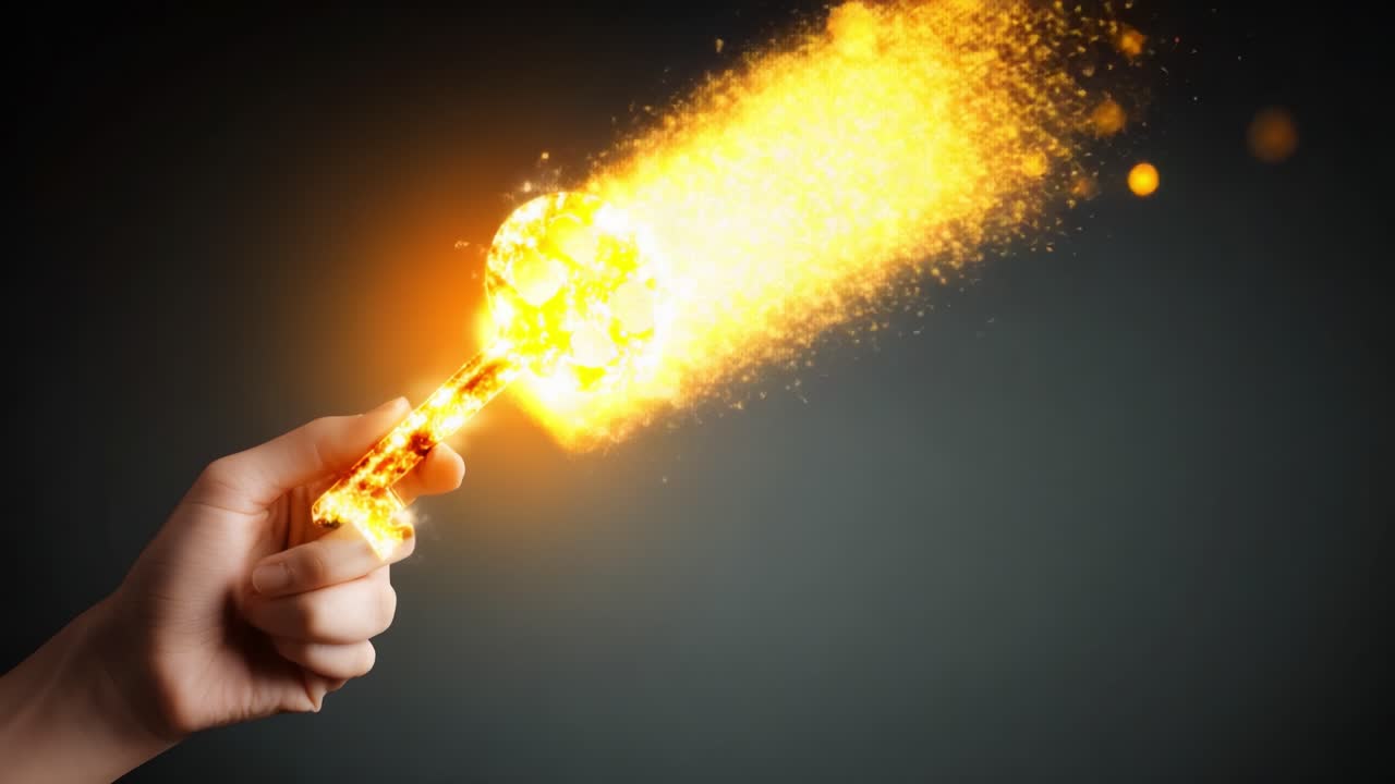 A hand holds a glowing, magical key that emits vibrant sparks and light, symbolizing transformation, discovery, and the unlocking of new possibilities in a mystical realm