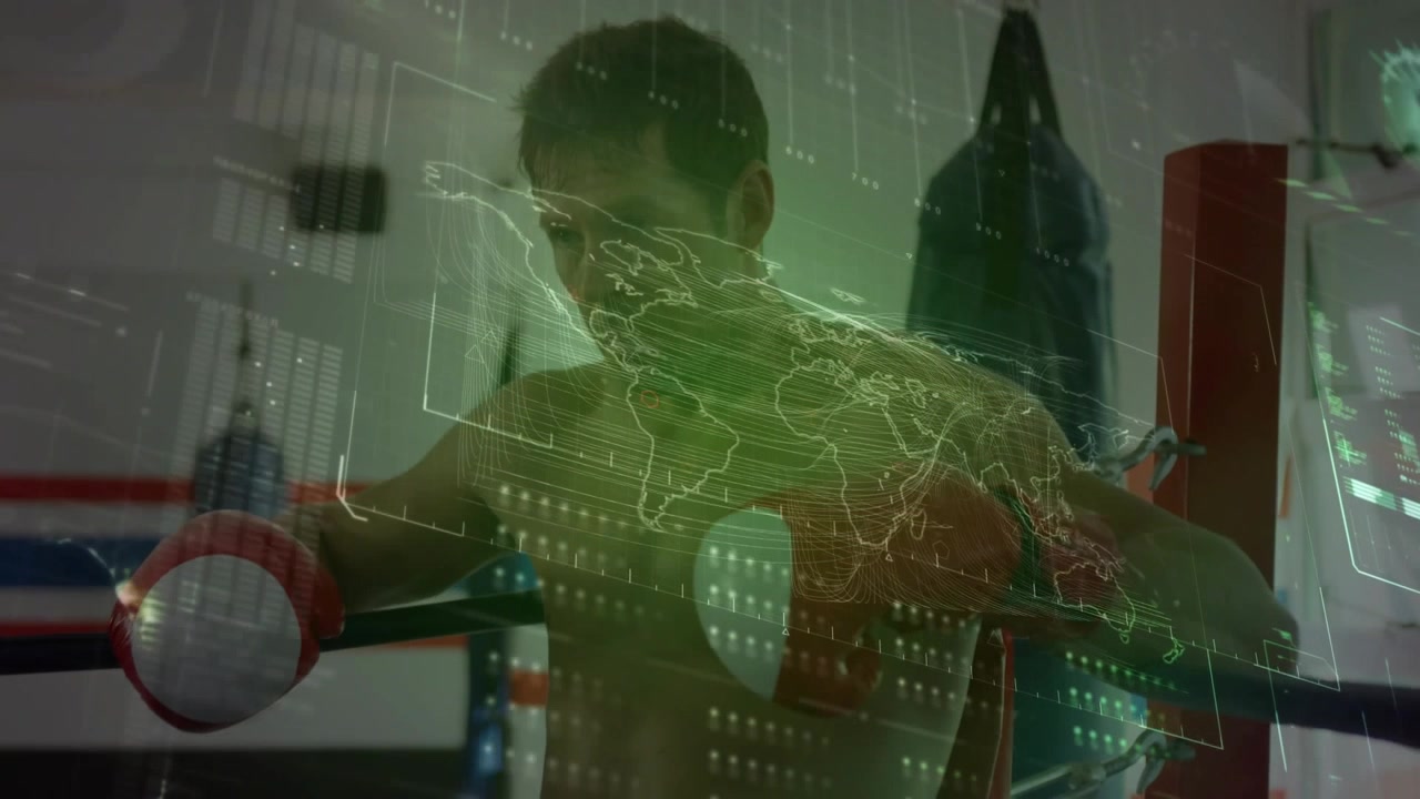 Boxer leaning on ring ropes, resting between rounds and shifting grip, green HUD map aligning chest