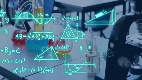 animación del procesamiento de datos científicos sobre vasos y tubos de ensayo en el laboratorio.