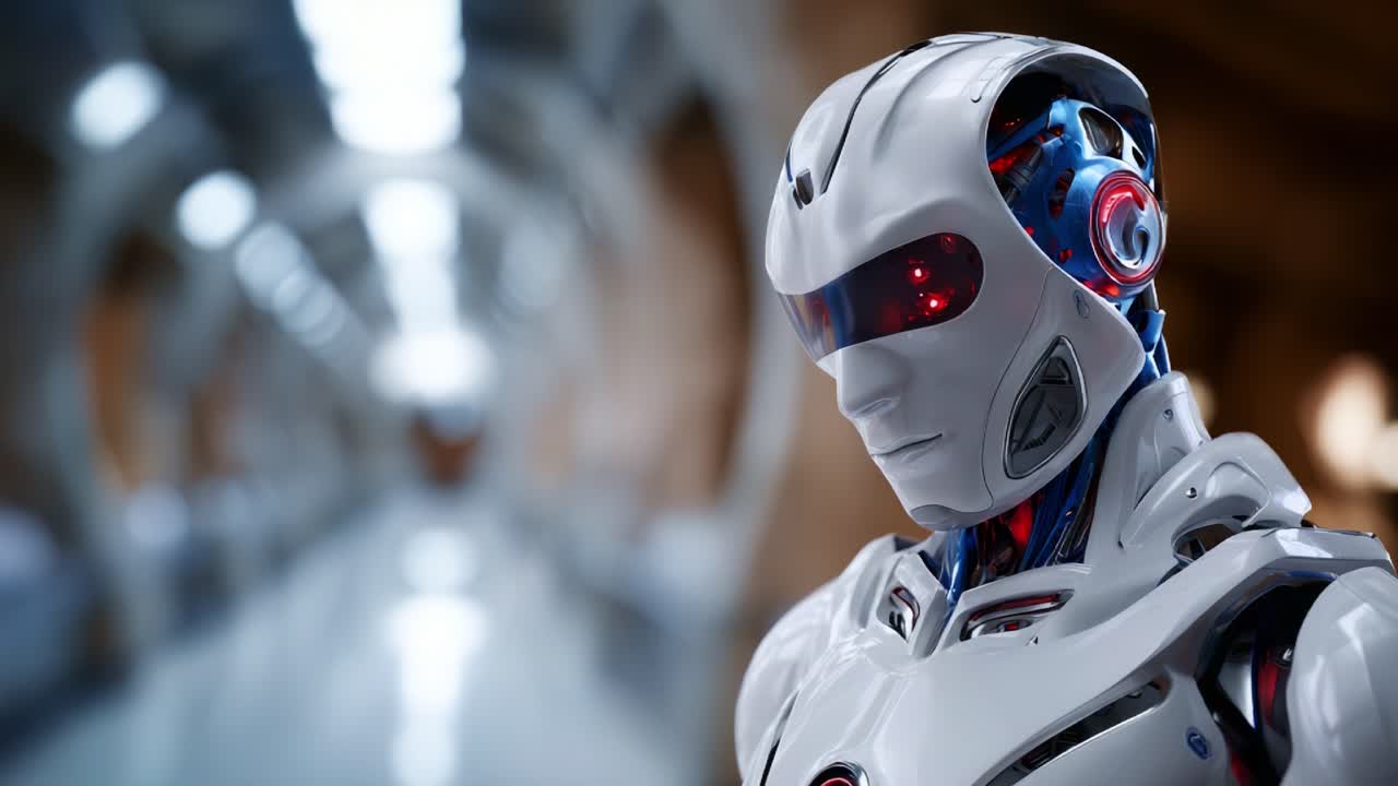 Modern robotik ve teknolojinin özünü yakalayan, gelişmiş özelliklere ve şık bir tasarıma sahip, yüksek teknolojili bir ortamda fütüristik robotun yakın çekimi