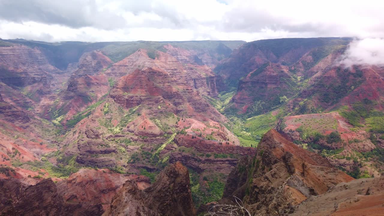 Gimbal wide panning shot of Waimea Canyon, the Grand Canyon of the Pacific, on the Hawaiian island of Kaua'i