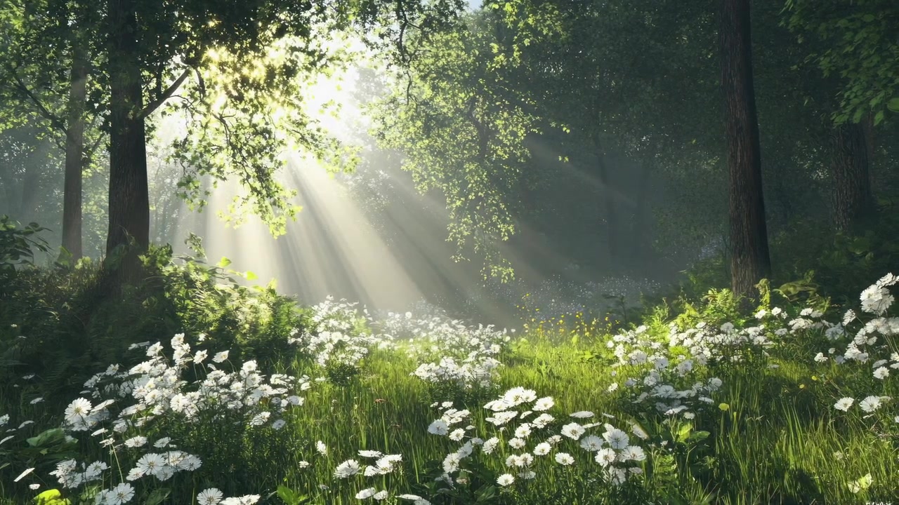 Sunlight Streaming Through Trees Over a Field of White Daisies