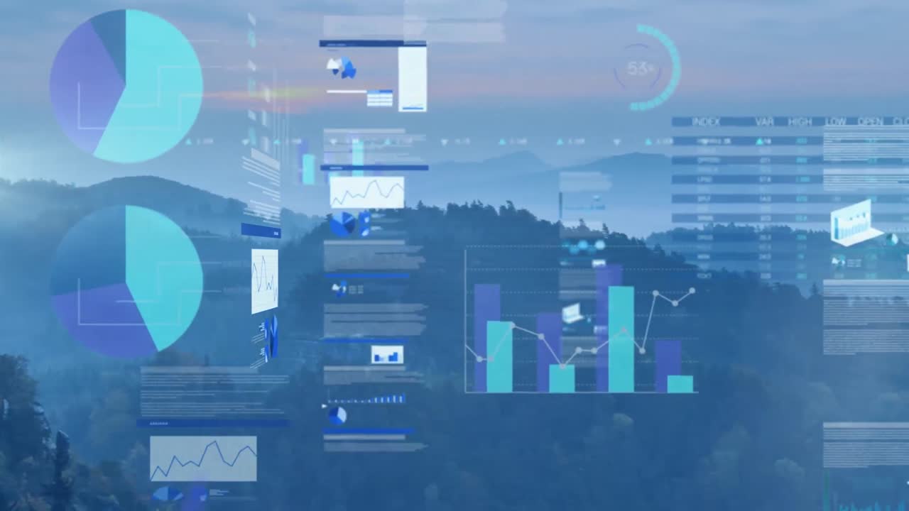 Animation of data processing and icons over landscape