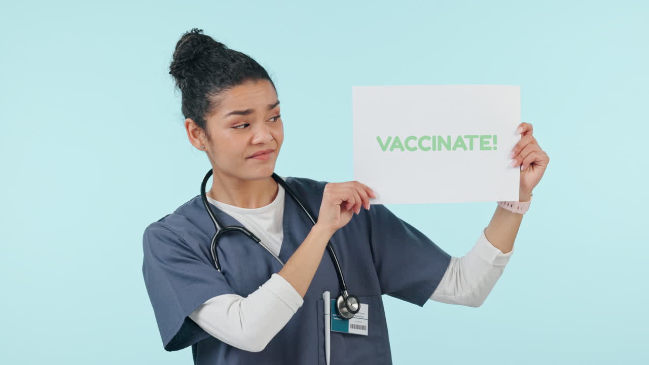 Nurse, face and no for vaccination sign of a woman