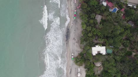 Aerial-topdown-view-along-Caribbean-coast,-Palomino-town-among-lush-tropical-vegetation,-Colombia