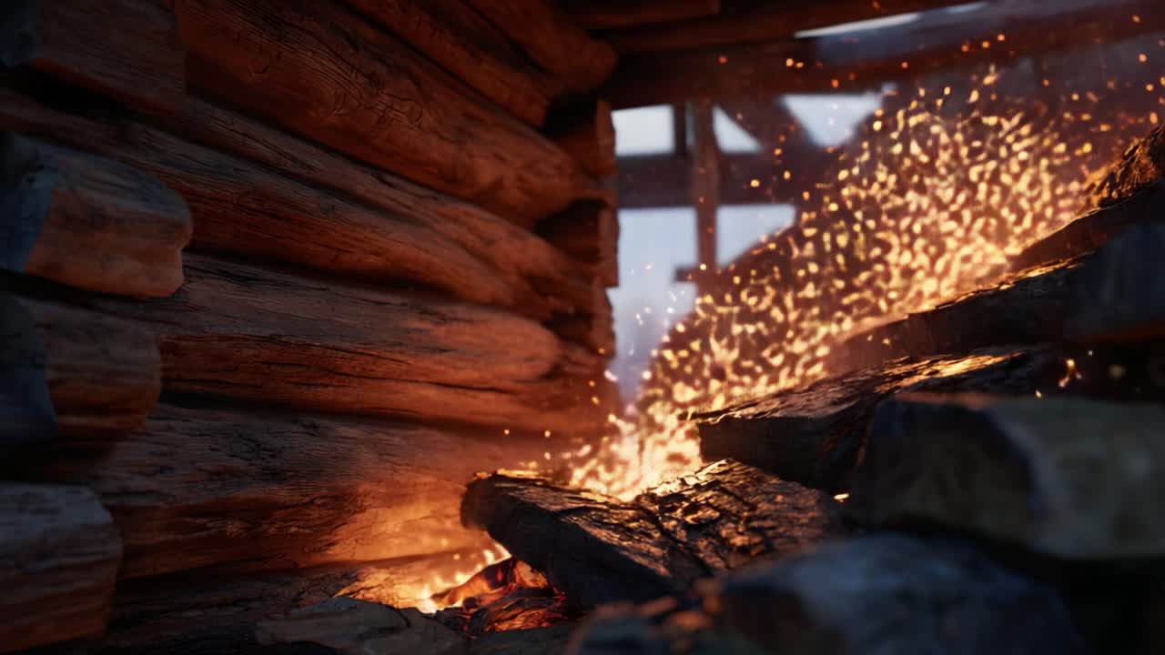A Glimpse into the Warmth of Fire: Captivating Sparks Emanate from Ember-Glowing Logs Inside a Rustic Wooden Cabin's Hearth