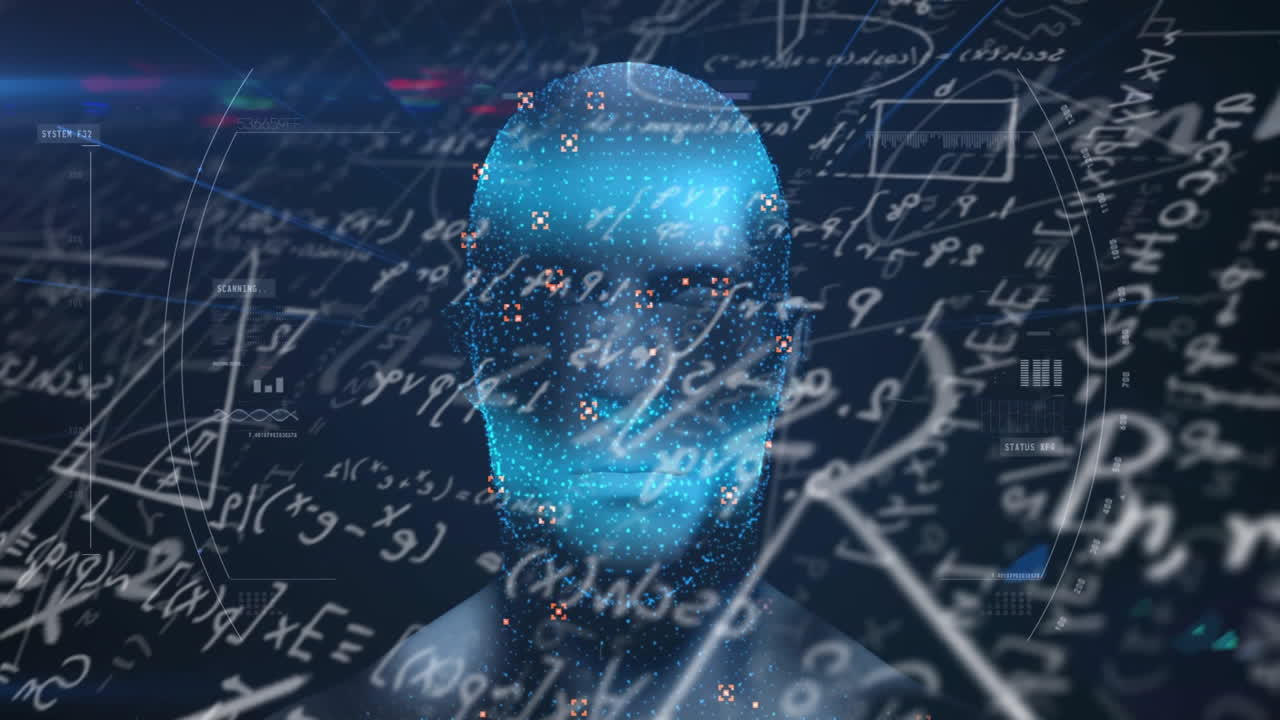 인간의 머리 위에서 수학적 데이터 처리의 애니메이션