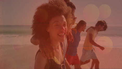 Group of five friends walking beach shore at golden hour, with marketing sunglasses and wave icons