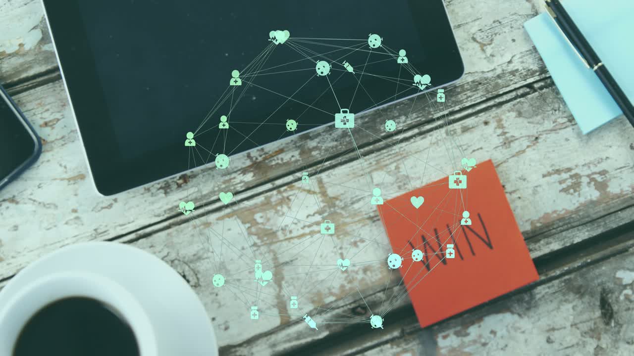 At start green icons materializing above tablet linking and pulsing forming data network to WIN pad